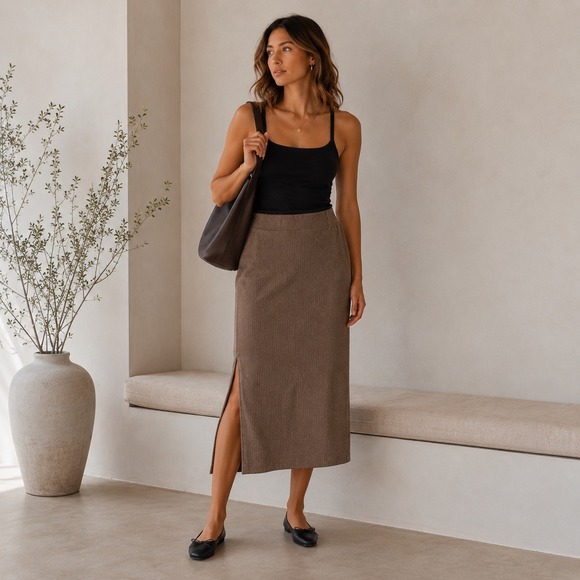 HALARA Dresses & Skirts - Halara Corduroy Side Slit Midi Skirt S Brown Ribbed High Waist Boho Minimal NWT‎